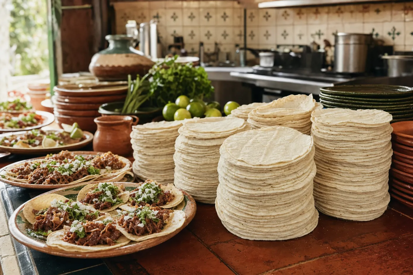 Cocina de restaurante con pilas de tortillas y tacos